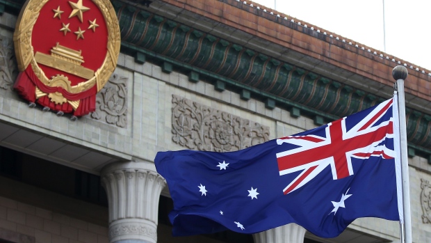 BEIJING, CHINA - APRIL 09: A general view of a Australian flag is seen during a welcome ceremony for Australia's Prime Minister Julia Gillard outside the Great Hall of the People on April 9, 2013 in Beijing, China. At the invitation of Chinese Premier Li Keqiang, Australian Prime Minister Julia Gillard will pay an official visit to China after the Boao Forum for Asia Annual Conference 2013. (Photo by Feng Li/Getty Images) Photographer: Feng Li/Getty Images AsiaPac