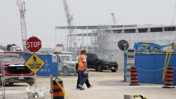 The construction site for a Stellantis and LG Energy Solution electric vehicle battery plant in Windsor, Ontario, Canada.