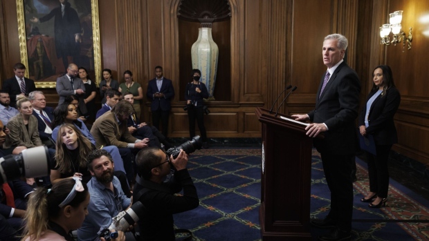 House Speaker Kevin McCarthy speaks at the US Capitol ahead of a looming shutdown on Sept. 29.