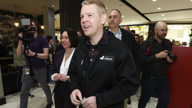 LOWER HUTT, NEW ZEALAND - SEPTEMBER 29: Prime Minister Chris Hipkins and Labour MP Ginny Andersen (L) look on during a visit to Queensgate Mall on September 29, 2023 in Lower Hutt, New Zealand. New Zealand goes to the polls in a general election on Oct. 14. (Photo by Hagen Hopkins/Getty Images)
