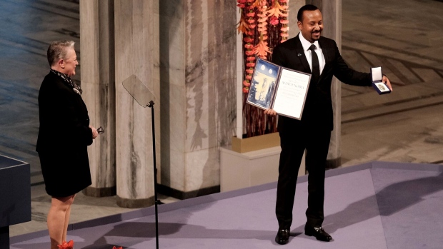 Abiy Ahmed, Ethiopia’s prime minister, receives the Nobel Peace Prize in Oslo in 2019. Photographer: Erik Valestrand/Getty Images Europe