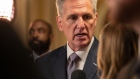 Kevin McCarthy speaks to members of the media at the US Capitol in Washington, DC, on Sept. 30.