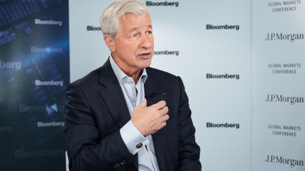 Jamie Dimon, billionaire and chief executive officer of JPMorgan Chase & Co., speaks during a Bloomberg Television interview at the JPMorgan Global Markets Conference in Paris, France, on Thursday, May 11, 2023. Dimon said US regulators are likely to overreact in their response to the turmoil that swept through the banking industry in March, leading to the collapse of four regional lenders.