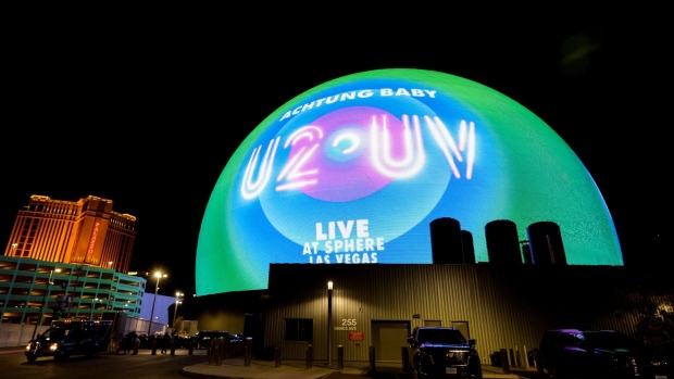 LAS VEGAS, NEVADA - SEPTEMBER 29: Sphere displays the name of the band U2's residency "U2:UV Achtung Baby Live at Sphere" during the venue's grand opening on September 29, 2023 in Las Vegas, Nevada. (Photo by Ethan Miller/Getty Images)