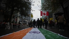 India and Canada flags at a protest at Indian Consulate in Vancouver