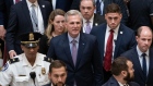 Representative Kevin McCarthy, a Republican from California, center, walks to his office after exiting the House Chamber at the US Capitol in Washington, DC, US, on Tuesday, Oct. 3, 2023. McCarthy was toppled Tuesday as US House speaker by dissidents within his own party, ending his tumultuous nine months in the job and sending a fractious Congress into further disarray.
