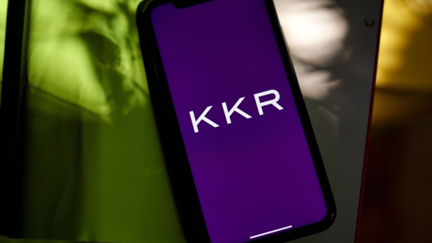 The KKR & Co. logo on a smartphone arranged in the Brooklyn borough of New York, US, on Wednesday, July 12, 2023. KKR & Co. is exploring options for its majority stake in a commercial lighting manufacturer in China including a potential sale, according to people familiar with the matter. Photographer: Gabby Jones/Bloomberg
