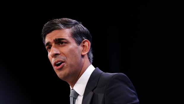 Rishi Sunak, UK prime minster, delivers his keynote speech on the closing day of the UK Conservative Party Conference in Manchester, UK, on Wednesday, Oct. 4, 2023. The address is Sunak's best chance for a reset in the eyes of voters ahead of a general election widely expected next fall.