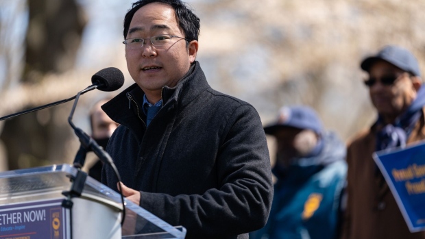 Representative Andy Kim,speaks at a rally in 2022.