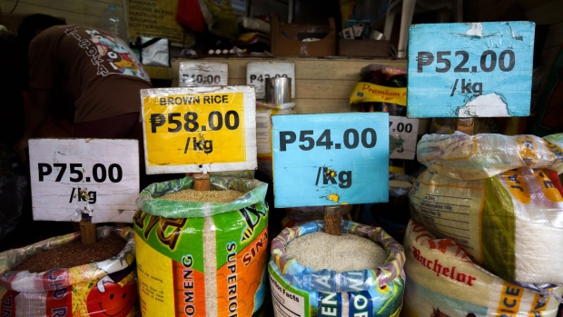 Rice for sale at a market in Mandaluyong, the Philippines, on Monday, Sept. 5, 2022. Philippines inflation rate rose 6.3% from a year earlier in August, the Philippine Statistics Authority said in a statement on its website. Photographer: Iya Forbes/Bloomberg