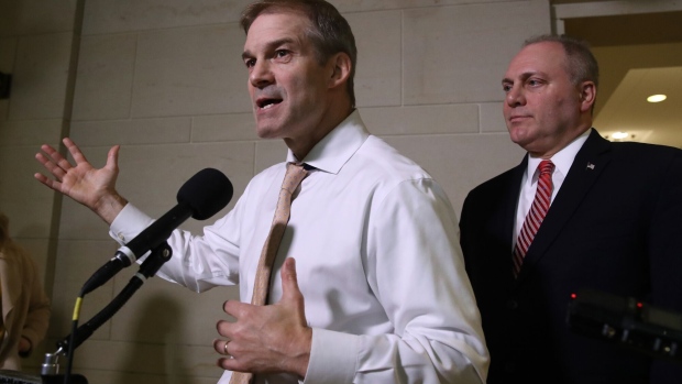Jim Jordan and Steve Scalise speak to the media outside of a closed-door deposition on Capitol Hill, October 29, 2019.