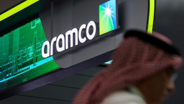 The Saudi Aramco booth at the Abu Dhabi International Petroleum Exhibition and Conference (ADIPEC) in Abu Dhabi, United Arab Emirates, on Oct. 3.