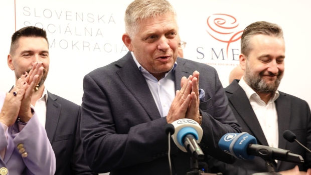 Robert Fico, leader of Smer-Social Democracy party, center, at a news conference after winning the election in Bratislava, Slovakia, on Sunday, Oct. 1, 2023. Fico is on track to return to the eastern EU nation’s premiership after Saturday’s vote, adding to the tide of nationalist and populist forces in Europe.