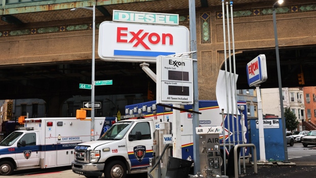 NEW YORK, NEW YORK - OCTOBER 06: An Exxon gas station sign is seen on October 06, 2023 in the Brooklyn borough of New York City. Exxon Mobil is reportedly near to purchasing Pioneer Natural Resources for roughly $60 billion. Shares of Pioneer Natural Resources rose as rumors of the deal broke. (Photo by Michael M. Santiago/Getty Images) Photographer: Michael M. Santiago/Getty Images North America