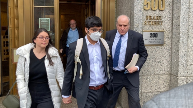 Nishad Singh, former director of engineering at FTX Cryptocurrency Derivatives Exchange, center, departs from federal court in New York, US, on Tuesday, Feb. 28, 2023. Singh pleaded guilty to fraud as part of a cooperation deal with prosecutors, the third member of the collapsed cryptocurrency exchange's inner circle to flip against co-founder Sam Bankman-Fried.  Photographer: Bob Van Voris/Bloomberg