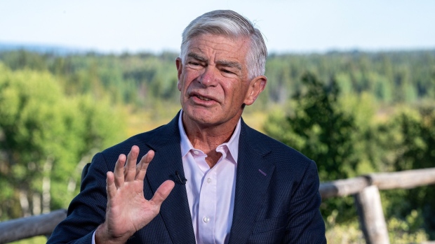 Patrick Harker, president and chief executive officer of the Federal Reserve Bank of Philadelphia, during a Bloomberg Television interview at the Jackson Hole economic symposium in Moran, Wyoming, US, on Friday, Aug. 25, 2023. Federal Reserve Chair Jerome Powell said the US central bank is prepared to raise interest rates further if needed and intends to keep borrowing costs high until inflation is on a convincing path toward the Fed's 2% target.