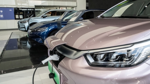 BYD Co. Dynasty series electric vehicles at a dealership in Beijing, China, on Monday, Aug. 28, 2023. BYD is scheduled to release earnings results today.