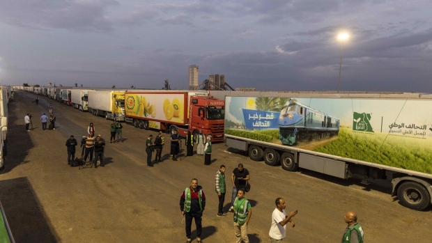 Aid convoy trucks at the Rafah border on Oct. 17. Photographer: Mahmoud Khaled/Getty Images