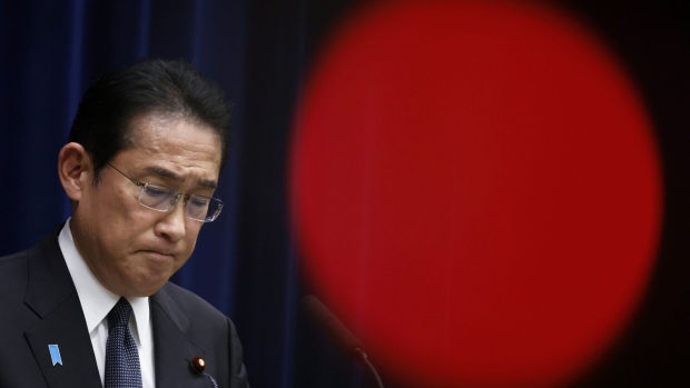 Fumio Kishida, Japan's prime minister, pauses during a news conference at the prime minister's official residence in Tokyo, Japan, on Friday, Aug. 4, 2023. Kishida apologized for problems with new national ID cards but said he wouldn’t necessarily change plans to require them for access to health care from autumn next year.