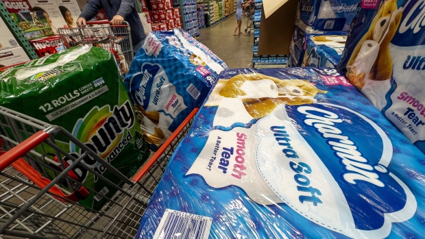 Proctor & Gamble Bounty brand paper towels and Charmin bathroom tissues in a shopping cart at a store in Vallejo, California, US, on Saturday, Oct. 7, 2023. Proctor & Gamble Co. is expected to release earning figures on October 18.