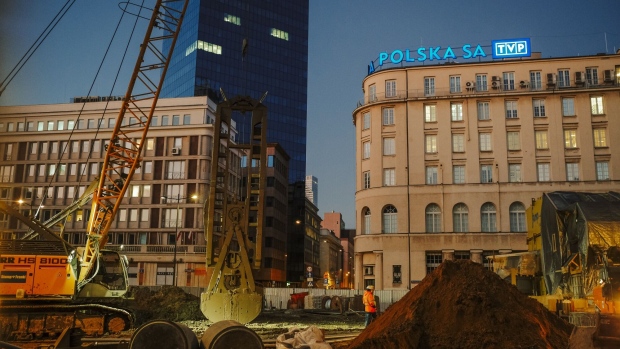 A construction site outside the Telewizja Polska SA offices in central Warsaw, Poland.