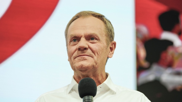 Donald Tusk, former president of the European Union (EU) and leader of the Civic Coalition, during an election night rally in Warsaw, Poland, on Sunday, Oct. 15, 2023. Poland’s opposition is on course for a majority after Sunday’s election, an upset that would deny the ruling nationalists a third term and see the country re-engage with the European Union.
