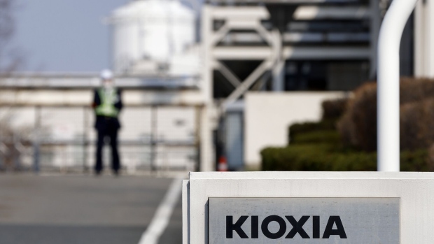 Signage displayed outside Kioxia Iwate Corp.'s plant in Kitakami, Iwate Prefecture, Japan, on Wednesday, April 6, 2022. Flash-memory maker Kioxia, the former unit of Toshiba Corp, will build a new factory on the same site as its Kitakami facility in Iwate. Photographer: Kiyoshi Ota/Bloomberg