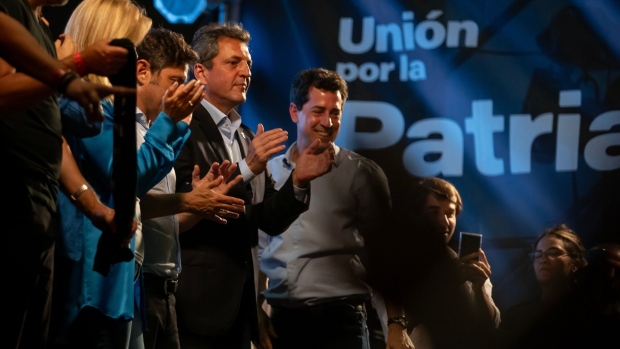Sergio Massa, center, during an election night rally in Buenos Aires, on Oct. 22.