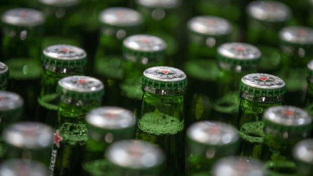 Bottles at the Heineken brewery in Zoeterwoude, Netherlands.