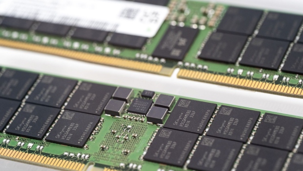 A pair of DDR5 64GB RDIMM RAM on display at Hana Micron Vina, a Vietnam unit of Hana Micron Inc., in Van Trung Industrial Park, Bac Giang Province, Vietnam, on Thursday, Oct. 12, 2023. Hana Micron Vina plans to raise investment from nearly $600m to over $1b by 2025. Photographer: Linh Pham/Bloomberg