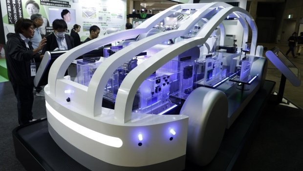 Automotive products exhibited at the Panasonic Holdings Corp. booth at the Combined Exhibition of Advanced Technologies (Ceatec) in mid-October.