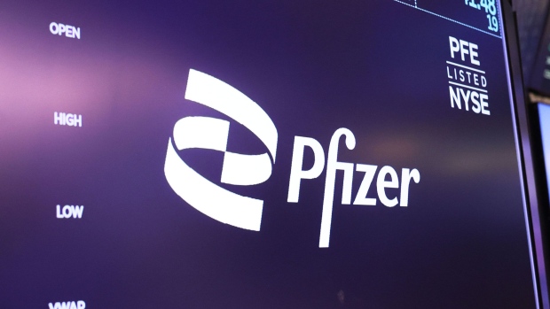 Pfizer branding at the New York Stock Exchange. Photographer: Michael M. Santiago/Getty Images