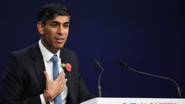 Rishi Sunak, UK prime minister, during a news conference on day two of the AI Safety Summit 2023 at Bletchley Park in Bletchley, UK, on Thursday, Nov. 2, 2023. The two-day summit was prompted by UK concerns about powerful artificial intelligence models expected to be released next year, which will have capabilities the government fears not even developers understand.