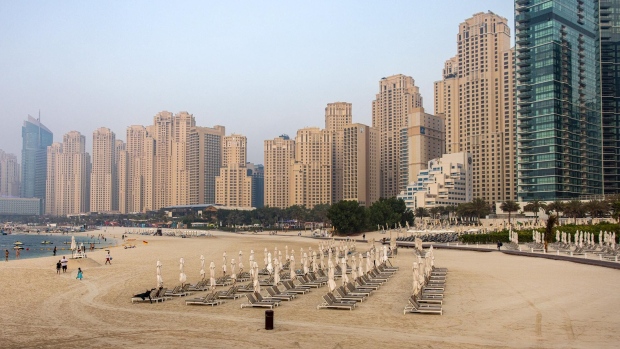 Sunbeds on the beach at Jumeirah Beach Residence in Dubai. 