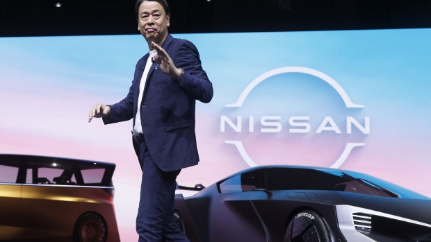 Makoto Uchida, chief executive officer of Nissan Motor Co., leaves the stage at the Japan Mobility Show in Tokyo, Japan, on Wednesday, Oct. 25, 2023. Japan's carmakers are staging their first motor show in four years to make the case they'll remain major forces to be reckoned with in the electric-vehicle age.