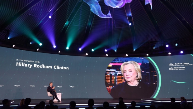 Hillary Clinton speaks virtually during the Bloomberg New Economy Forum in Singapore, on Nov. 9. Photographer: Lionel Ng/Bloomberg