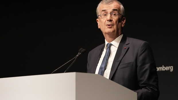 Francois Villeroy de Galhau, governor of the Bank of France, speaks during the Future of Finance 2023 in Paris, France, on Tuesday, May 9, 2023. Fitch Ratings reduced France’s credit rating to AA- from AA, with a stable outlook, bringing the euro area’s second-largest economy to the same notch as countries including Ireland and the Czech Republic. Photographer: Nathan Laine/Bloomberg