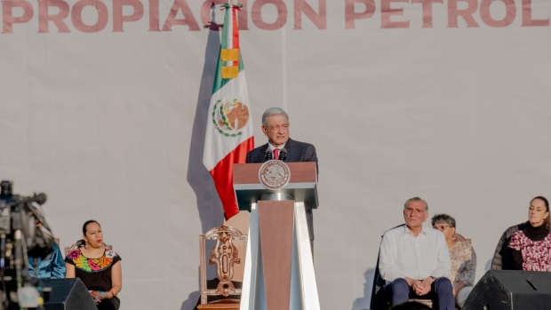 Andres Manuel Lopez Obrador, Mexico's president, during the 85th anniversary rally of oil expropriation in Mexico City, Mexico, on Saturday, March 18, 2023. Eighty-five years ago, the nationalization of all petroleum reserves, facilities, and foreign oil companies took place in Mexico, under President Lazaro Cardenas. Photographer: Fred Ramos/Bloomberg 