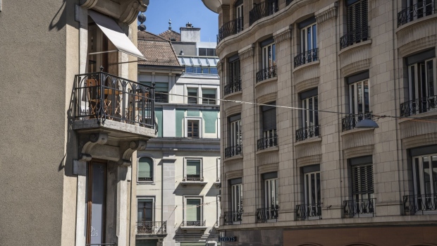 Residential apartment buildings in downtown Geneva, Switzerland, on Wednesday, Aug. 3, 2022. The Swiss residential real estate market is at a risk of a large and abrupt correction if interest rates rise quickly, according to Switzerland’s central bank.