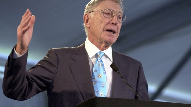 Bernard Marcus, co-founder of The Home Depot, speaks at the ground breaking ceremony of the Georgia Aquarium and new World of Coca Cola site in downtown Atlanta, Georgia on Thursday, May 29, 2003. Financed by a $200 million from The Marcus Foundation, the 400,000-square foot aquarium is scheduled to open in 2005.