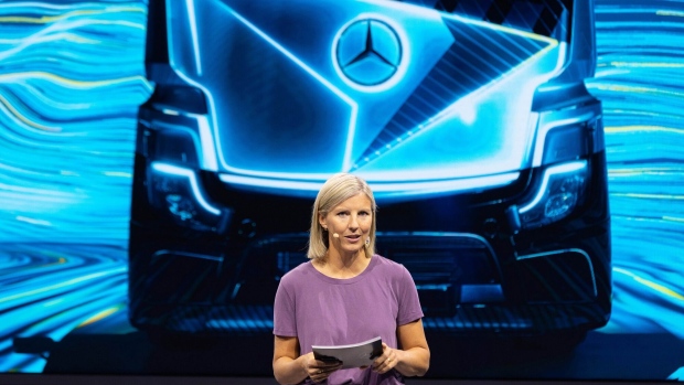 Karin Radstrom, chief executive officer of Daimler Truck Holding AG, at a news conference during the unveiling of the Mercedes-Benz eActros LongHaul truck at the IAA Transportation show in Hanover, Germany, on Monday, Sept. 19, 2022. Global leaders Daimler Truck Holding AG and Volvo AB are joining dozens of commercial-vehicle makers in Germany this week to showcase their latest electric semis, with more zero-emissions vehicles debuting at the IAA Transportation show than ever before. Photographer: Krisztian Bocsi/Bloomberg