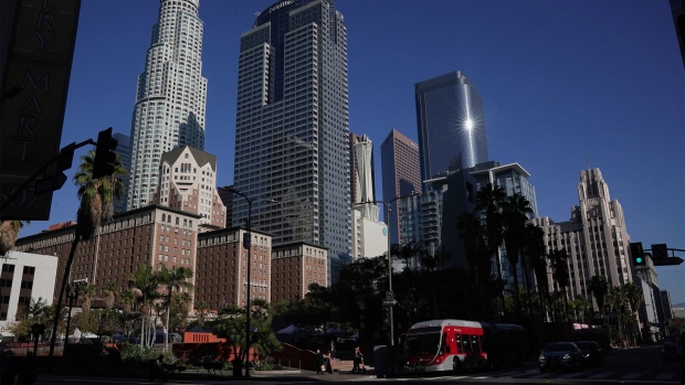 The L.A. skyline over Pershing Square in downtown Los Angeles, California, U.S. on Wednesday, January 5, 2022.
