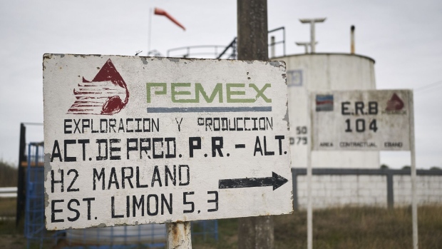 Petroleos Mexicanos (Pemex) signage outside a facility in the town of Ebano, San Luis Potosi state, Mexico, on Tuesday, March 8, 2022.
