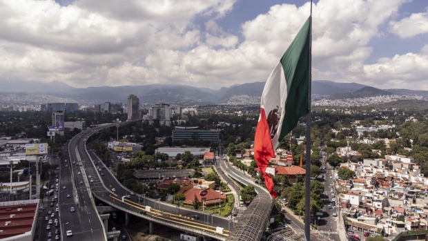 The monumental Mexican flag of San Jeronimo Lidice in the south of Mexico City, Mexico, on Thursday, Sept. 22, 2022. Mexico's inflation came in above expectations in early September, giving the central bank minimal room to reduce the pace of interest rate hikes at its meeting on September 29.