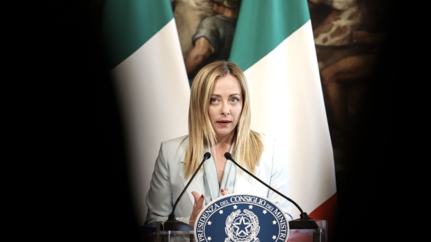 Giorgia Meloni, Italy's prime minister, speaks during a joint news conference following her meeting with Olaf Scholz, Germany's chancellor, at the Chigi Palace in Rome, Italy, on Thursday, June 8, 2023. The Italian prime minister hosted Germany's chancellor for lunch in Rome on Thursday, and talks between the two leaders — who come from opposite sides of the political divide — focused on energy, migration, EU budget rules, and support for Ukraine as it fights Russia's invasion.