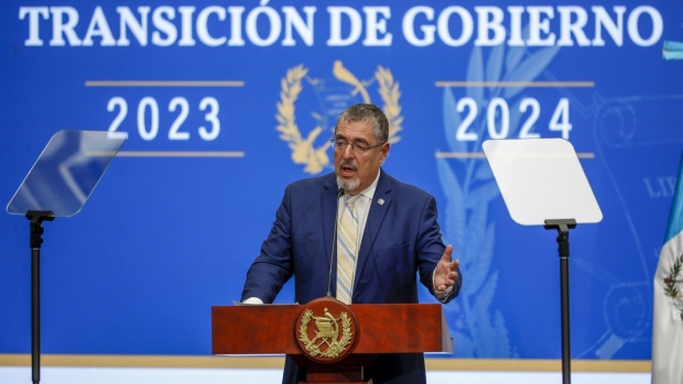 Bernardo Arevalo speaks at the National Palace in Guatemala City on Sept. 11. Photographer: Luis Echeverria/Bloomberg