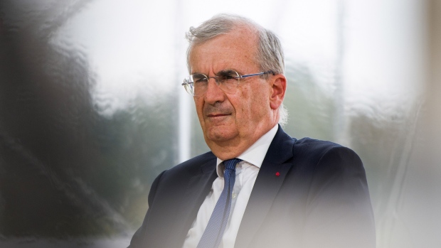 Francois Villeroy de Galhau, governor of the Bank of France, during the Mouvement des entreprises de France (MEDEF) business conference at Longchamp racecourse in Paris, France, on Thursday, Aug. 19, 2021. French economic policy should shift to address the challenges of the climate transition for industry and employment, and focus less on the Covid-19 pandemic, the chief economist of the country’s treasury said. Photographer: Nathan Laine/Bloomberg