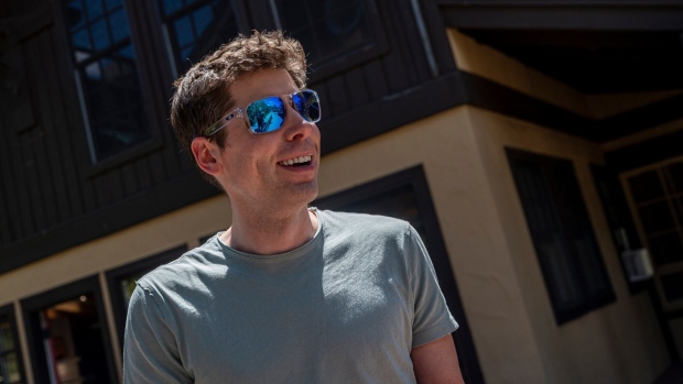 Sam Altman, chief executive officer of OpenAI Inc., speaks with members of the media during the Allen & Co. Media and Technology Conference in Sun Valley, Idaho, US, on Wednesday, July 12, 2023. The summit is typically a hotbed for etching out mergers over handshakes, but could take on a much different tone this year against the backdrop of lackluster deal volume, inflation and higher interest rates.