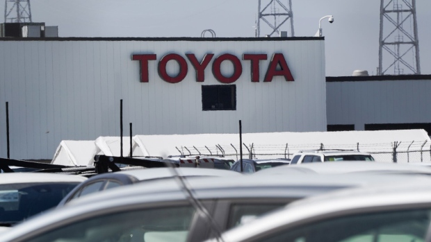 Signage is displayed at a Toyota Logistics Services Inc. automotive processing terminal at the Port of Los Angeles in Long Beach, California, U.S., on Tuesday, April 28, 2020. As ports struggle to cope with excess auto inventory, they're preparing for an even worse outcome -- deliveries stopping altogether as the recession digs deeper.