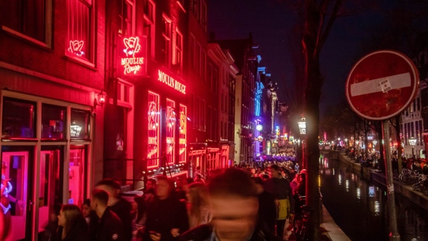Tourists in the red light district of Amsterdam. 
